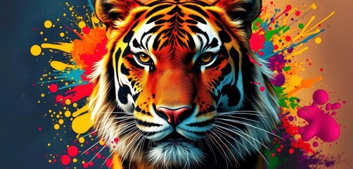 Vibrant tiger portrait with colorful paint splashes, bold lines, bold, fantasy