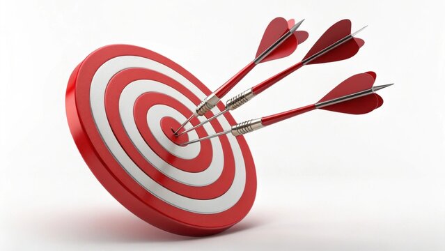 A bullseye target with three darts embedded in it, illustrating precision and focus in aiming for goals.