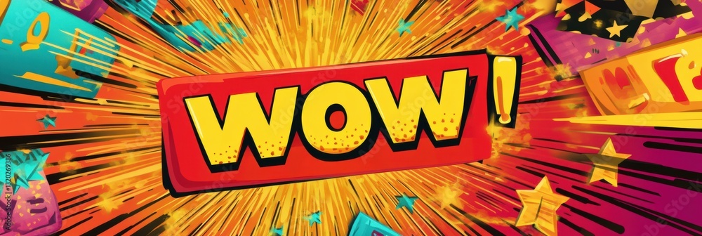 Aufkleber bright comic style speech bubble with wow surrounded by vivid colors and discount prices in a dynami