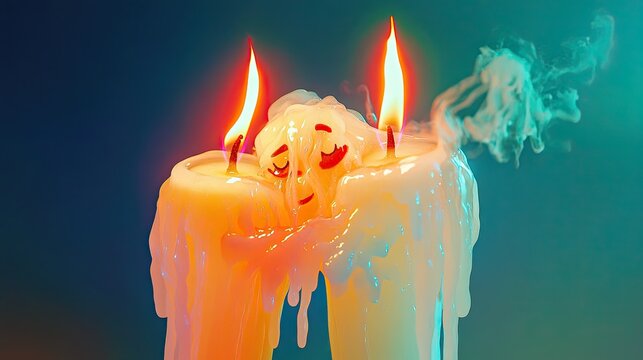 Two Melting Candles with Flames and Smoke on Teal Background