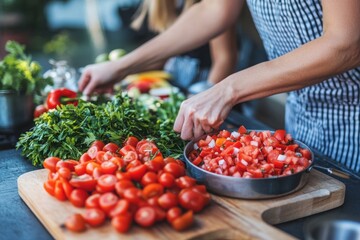 Obraz premium Fresh Vegetables and Herbs Preparation for Cooking in a Kitchen
