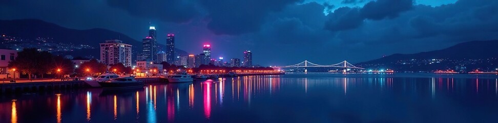 Obraz premium Dark cityscape, harbor lights twinkling, vibrant night sky, boston, buildings