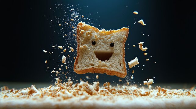 Happy Slice of Bread Creating Crumbs in a Dark Kitchen Environment