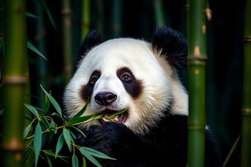 Obraz premium Panda Is Eating Bamboo, Surrounded By Greenery, With Its Distinct Black And White Markings Highlighted In Natural Lighting