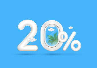 Travel season promotion up to 20 off. Number two and coconut tree cloud in airplane window with the percent symbol front on a blue background. For design tourism advertising media. 3D Vector.