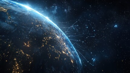 Fototapeta premium Night view of planet Earth showcasing light lines of global communication and connection in a digital world