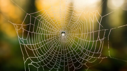 Delicate spiderweb, covered in morning dew, radiating from a central hub