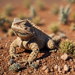 Fototapeta premium Horned Lizard Camouflaged Among Sparse Desert Plants