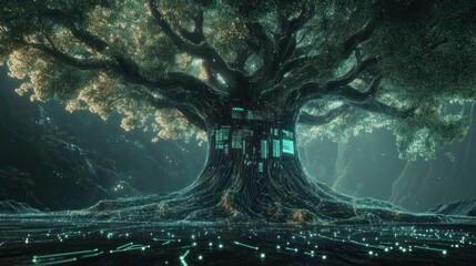 Mystical, digital ancient tree, glowing with tech