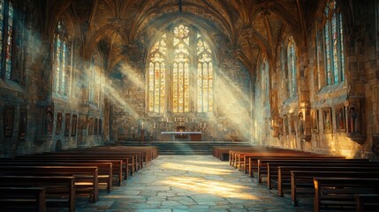 Fototapeta premium Stunning church interior with warm sunlight streaming through the creating a peaceful and sacred atmosphere