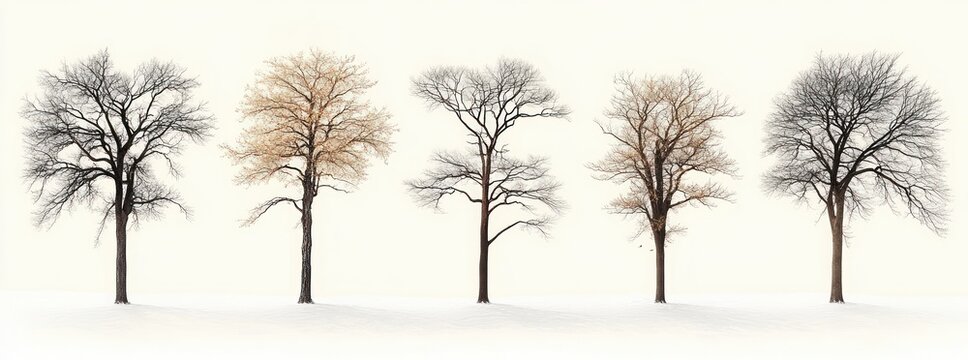 barren trees collection minimalist linear arrangement highly detailed isolated on white background