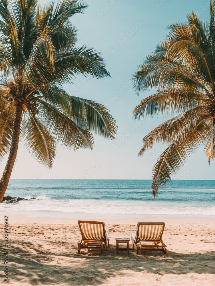 Poster Inviting beach landscape with sun loungers under palm trees and gentle waves in the background for a perfect relaxation spot