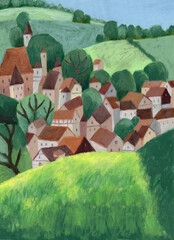 オイルパステルで描いたヨーロッパの緑の丘と村の風景イラストレーション © yasuko88