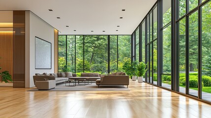 Modern living room with floor-to-ceiling windows overlooking lush greenery