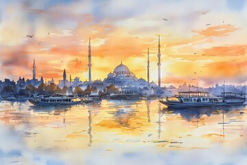Fototapeta premium Watercolor painting of a golden hour cityscape during Ramadhan, with a peaceful waterfront where boats reflect the golden light. A distant mosque stands