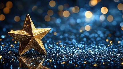 Bright gold star on a deep blue background representing achievement and excellence with a striking visual impact