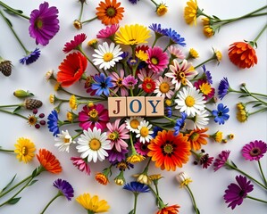 A vibrant arrangement of colorful flowers surrounding the word "JOY," symbolizing happiness and beauty in nature.
