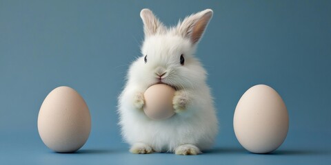 Fluffy White Rabbit Holding Smooth Egg on Solid Blue Background