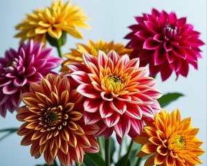 Fototapeta premium A vibrant bouquet of colorful dahlias, showcasing shades of yellow, pink, and orange, arranged beautifully against a soft blue background.