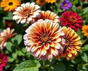 Fototapeta premium A vibrant display of colorful flowers in full bloom, showcasing a variety of shapes and hues in a lush green setting.