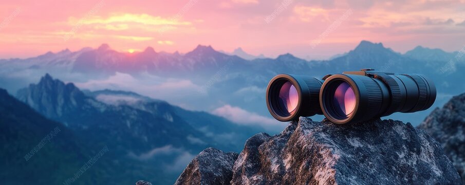 Binoculars on Rocky Mountain Peak at Dreamy Sunset