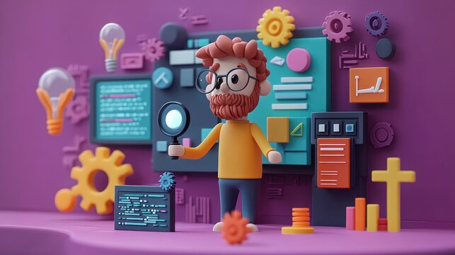 3D Programmer Developer Coding in Minimalist Clay Art Style with Colorful UI Elements and Soft Background