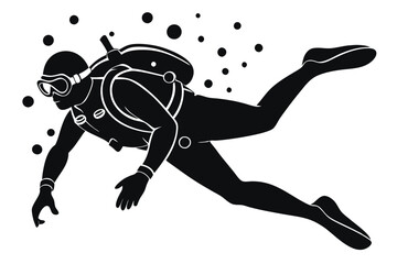black Scuba diver silhouette in cutout art style white background