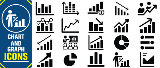 Growth icon set. Containing performance, gain,improvement, grow,chart,increase,evolution and development icons. Solid icon collection.Business graphs and charts icons. Statistics and analytics vector.