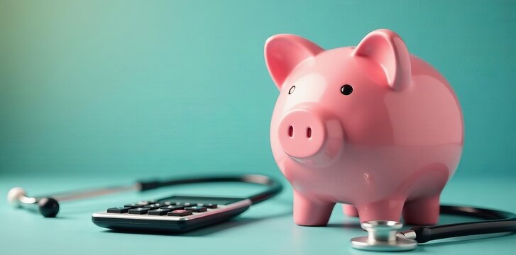 Close up of piggy bank with stethoscope and calculator, budget, financial planning