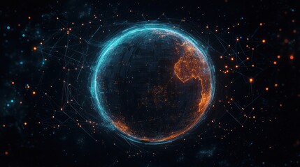 Futuristic Digital Globe with Glowing Network Connections in Deep Space Background
