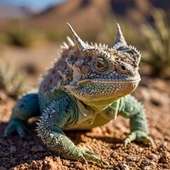 Obraz premium Horned Lizard's Intricate Scales and Horns in Soft Desert Light