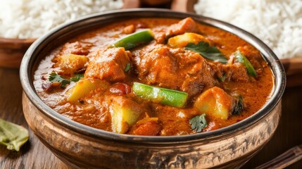 Delicious Chicken Curry with Vegetables and Rice Served in a Rustic Bowl on a Wooden Table with White Rice in Background