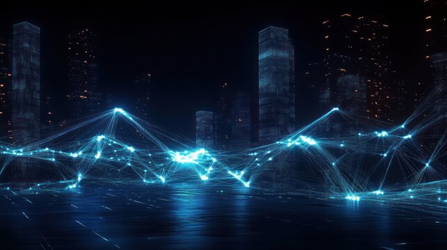 Futuristic Digital Landscape with Wireframe Network and Glowing Neon Connections in Sci-Fi Aesthetics