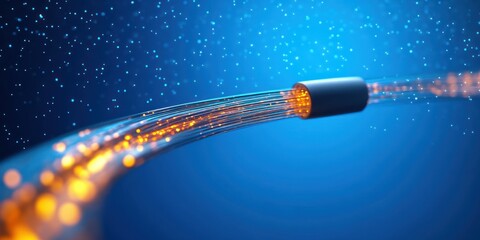 Glowing Fiber Optic Cable with Light Trails on Vibrant Blue Background