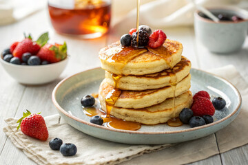 Fluffy Buttermilk Pancakes Stack Served with Fresh Berries and Maple Syrup Drizzle