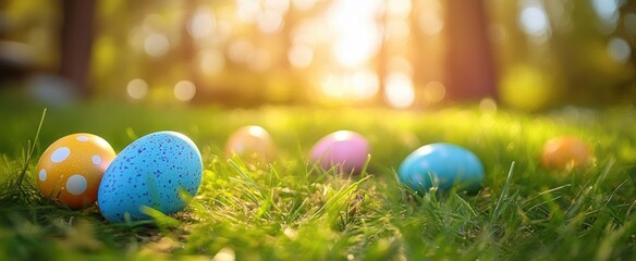 Colorful Easter Egg Hunt in Spring Garden with Boy Playing Outside in Nature