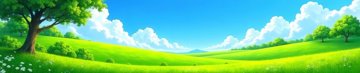 Fototapeta premium Lush green landscape under a bright blue summer sky, outdoors, atmosphere, beauty