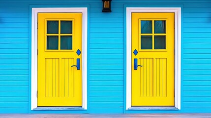 Bright Yellow Doors on Vibrant Blue Wooden Wall in Sunny Setting