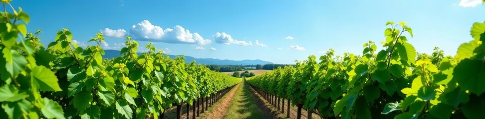Lush green vineyard rows under blue sky, agricultural landscape, vine trellis, grape vines, vineyard