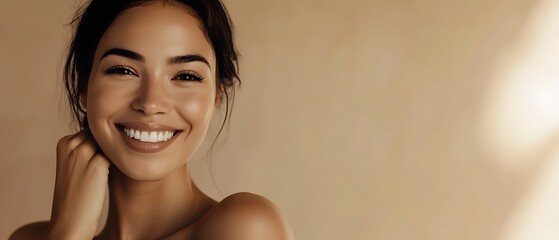 Fototapeta premium Confident and Elegant Portrait of a Smiling Woman with Bare Shoulders and Contemporary Cinematic Lighting Against a Beige Background