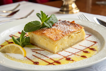 Luxurious Greek Galaktoboureko Dessert with Mint Garnish and Lemon Slice on Plate