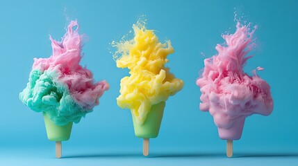 Colorful Ice Cream Cones with Swirls of Soft Serve and Splashes