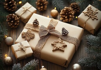 Christmas greeting card with gift boxes gingerbread cookies tree branches ornaments on rustic wooden background