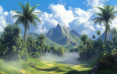 Realistic Tropical Jungle Mountain Landscape Mesozoic Era