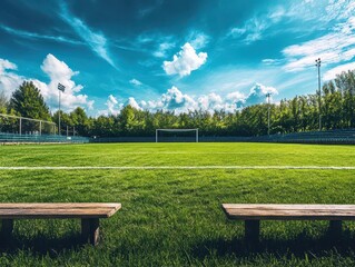 Lush Green Soccer Field Under a Blue Sky with Fluffy Clouds
