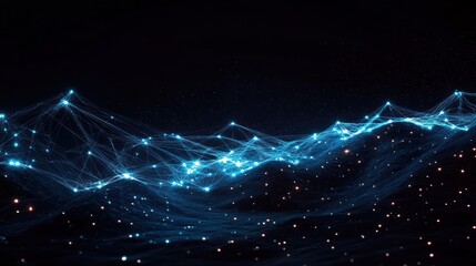 Futuristic Digital Landscape with Neon Connections and Wireframe Network Design