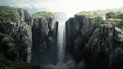 Obraz premium Dramatic waterfall cascading down rocky cliffs, amidst a serene, rugged landscape. Dense vegetation clings to the mountain sides