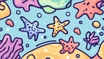 A cartoon vector illustration of an underwater background with sand, starfish, and coral reef
