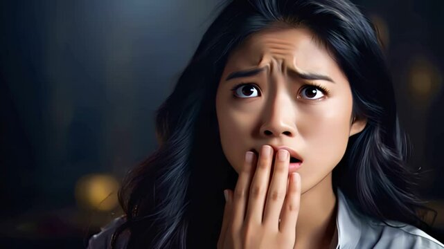 口に手を当てて驚くアジア人女性