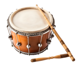A Ramadan drum and its accompanying stick, showcased on a clean white backdrop